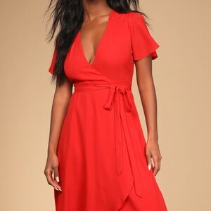 Lulus Rise To The Occasion Bright Red Midi Wrap Dress - Size XS